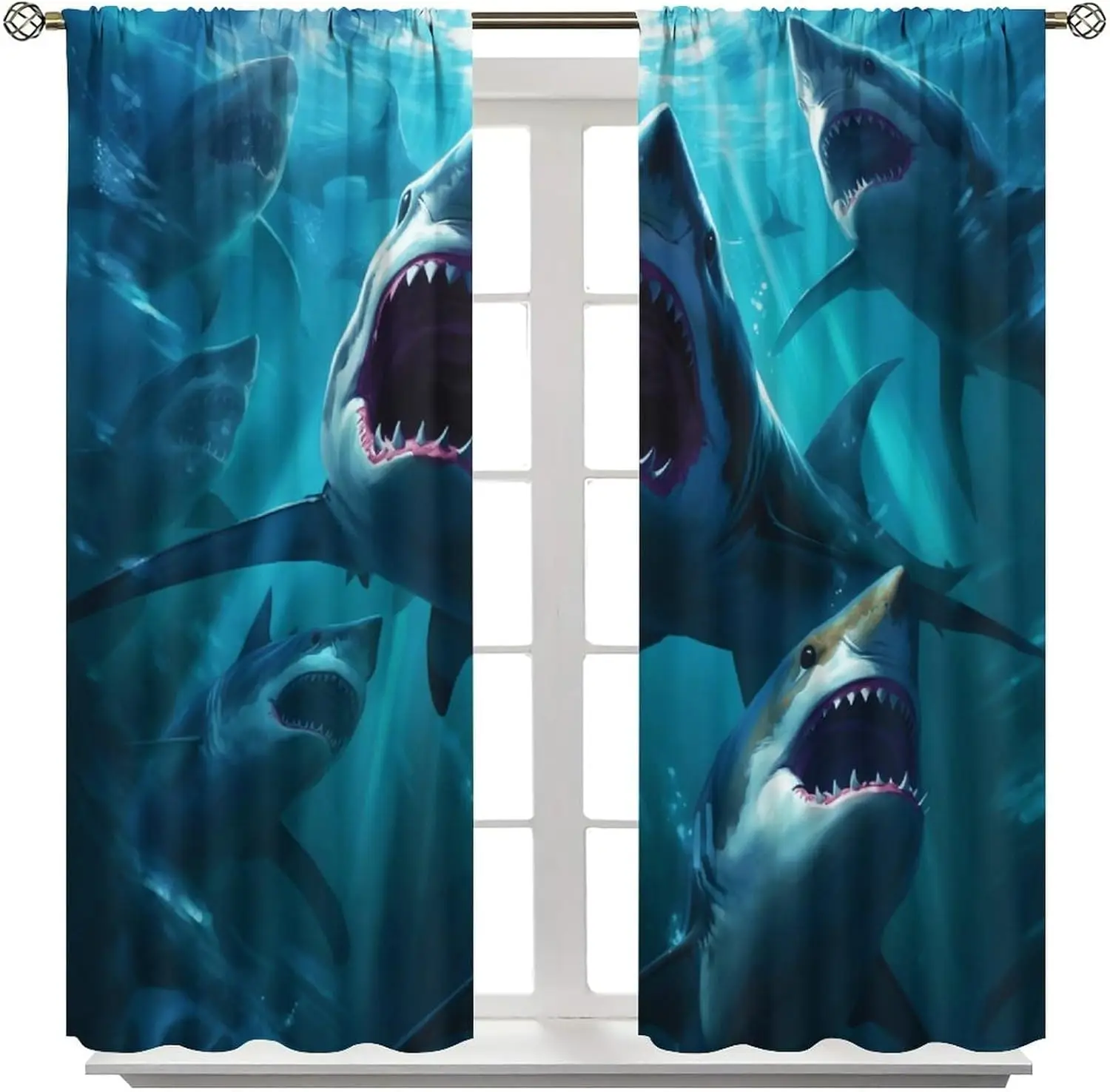 Shark Curtains Deep Sea 3D Fierce Ocean Fish Scary Sharks Animals Windows Treatments Rod Pocket Drapes for Kids Boys Teenage
