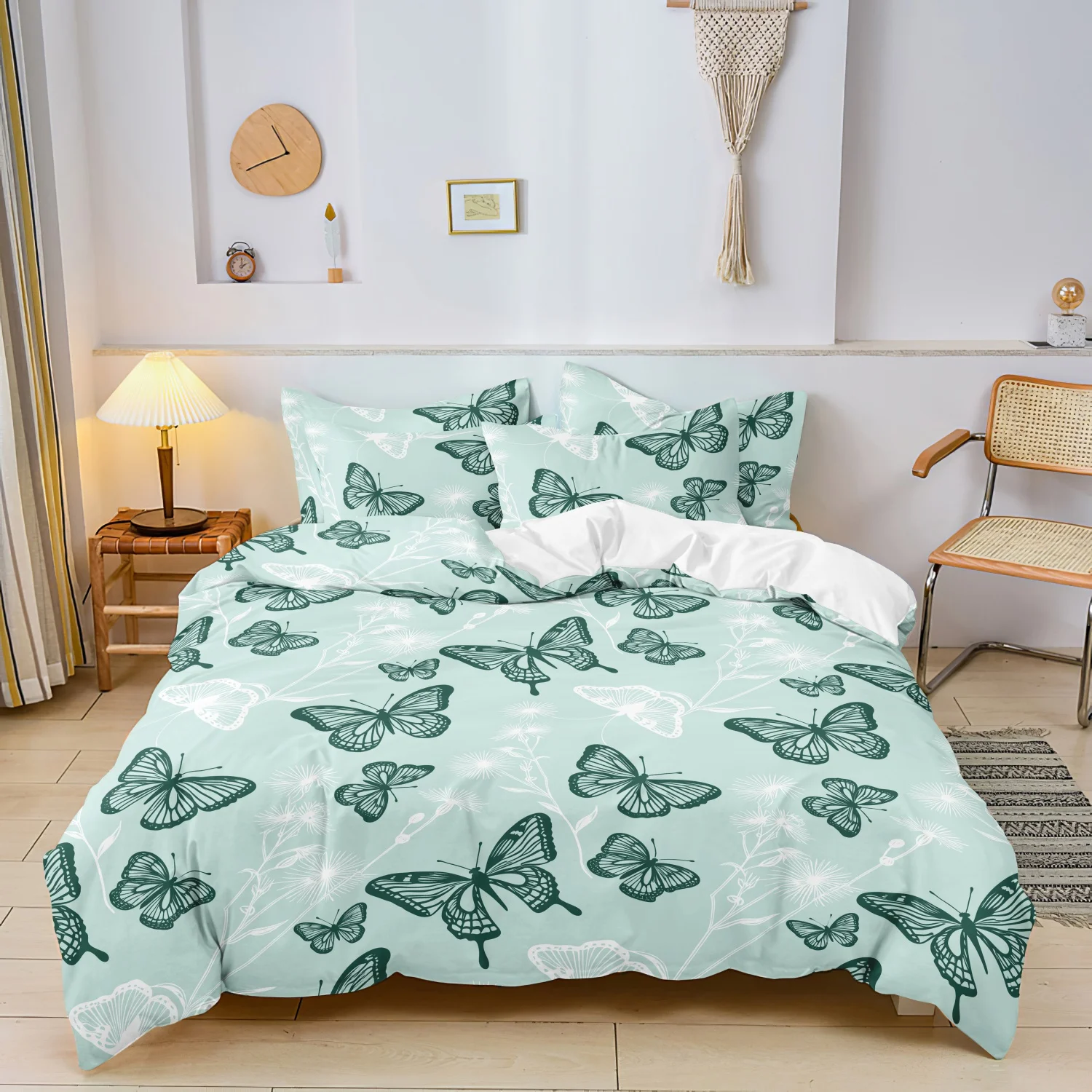 3 Pieces Mint Line Drawing Butterfly Duvet Cover, White Botanical Branch Floral Print Bedding, Breathable Microfiber Bedding
