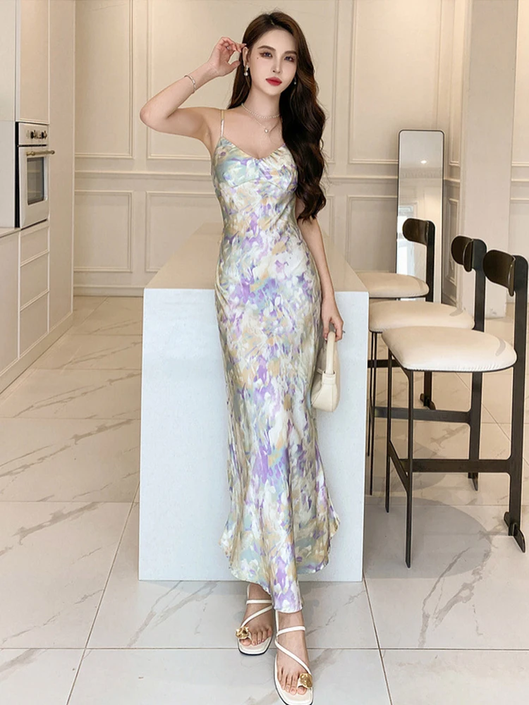 فستان طويل أنيق للإجازات للنساء مثير مطبوع بحزام زلة بدون ظهر وكشكشة ذيل السمكة رداء عطلة حفلة الشاطئ Mujer Vestidos