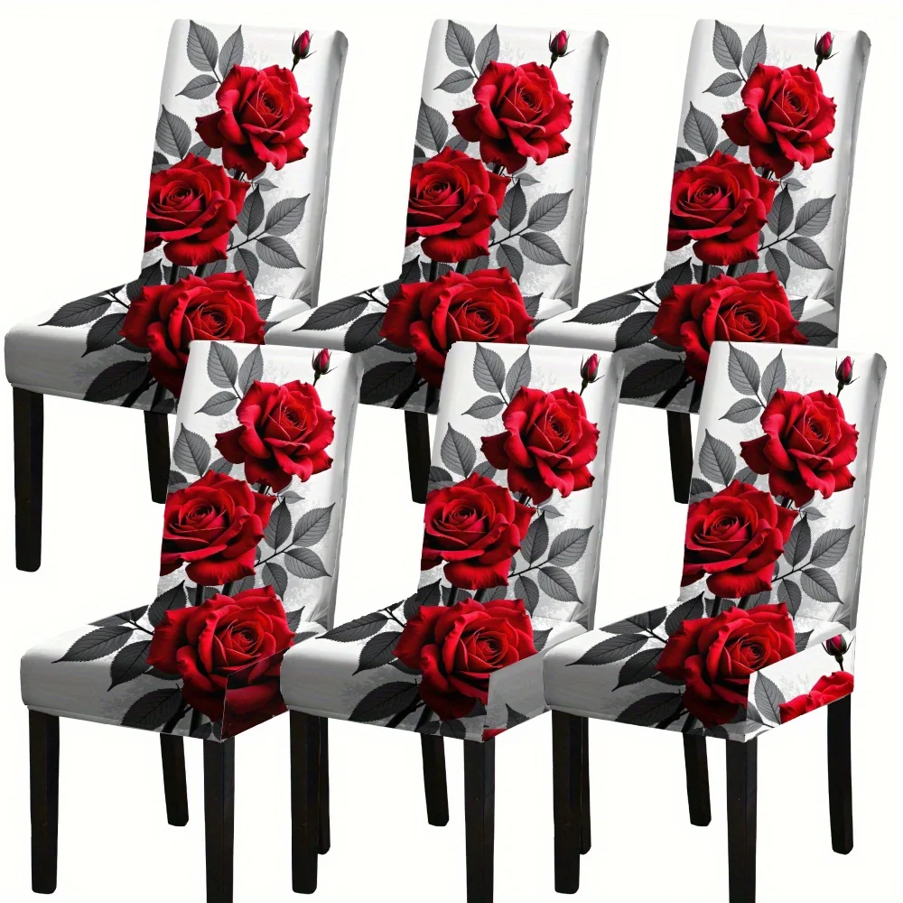 

[Valentine's Day] 4/ 6pcs of Elastic Chair Covers - Red Rose Floral Print - Elastic Dining Chair Covers - Suitable for Home Living Room, Kitchen Decoration, Seat Protection for Furniture - Universal Furniture Set - 4/ 6pcs Set