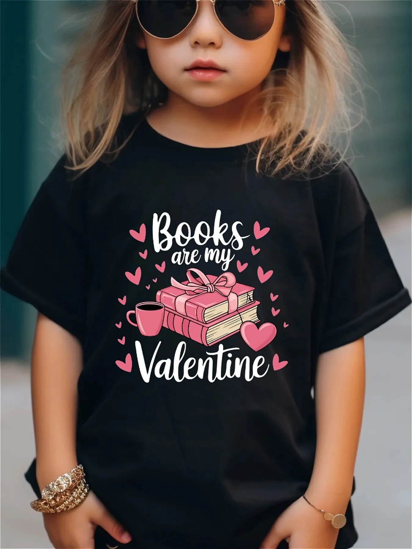 Valentine's Day girl's T-shirt books is my Valentine letter printed comfortable casual round neck short sleeved top