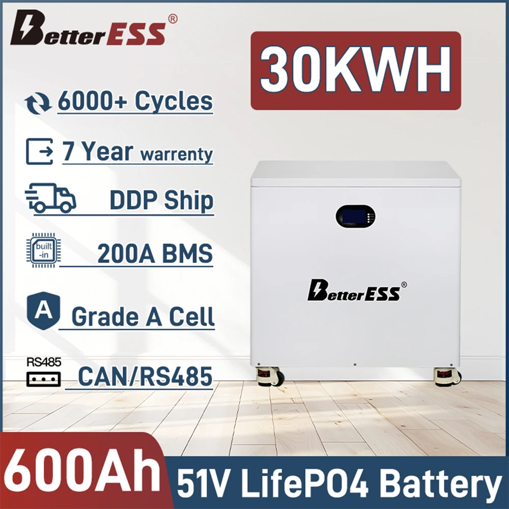 

BetterESS 30KWh 20KWh 51.2V Lifepo4 Battery 600Ah 400Ah 51.2V Powerwall 6000+Cycles 16S BMS Mobile ESS Solar System NO TAX