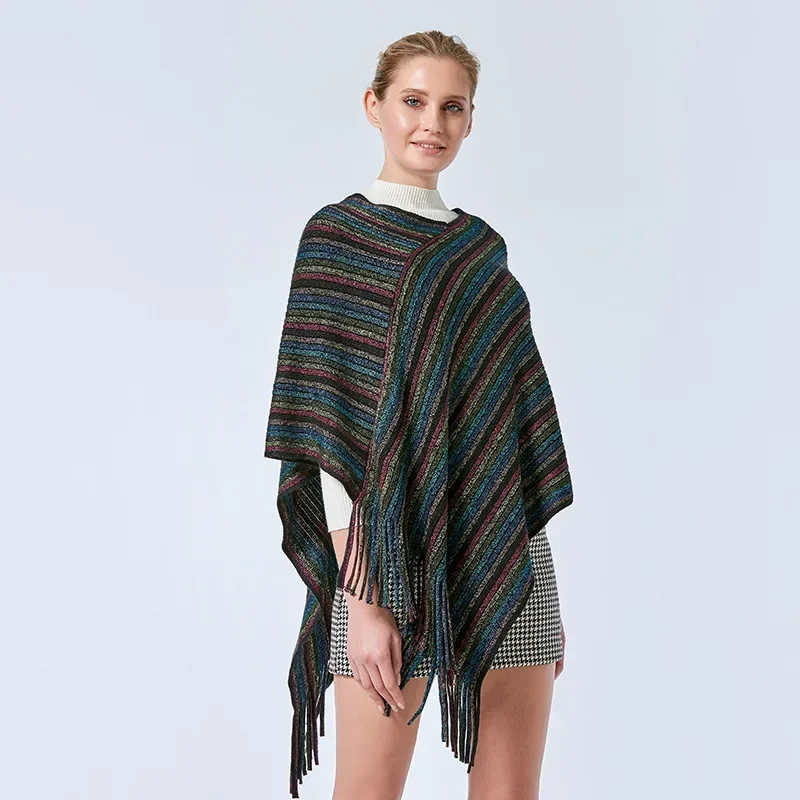 2023 frühling Herbst Frauen Mantel Schal Mantel Farbige Seide Bedrohung Äußere Cape Gestrickte Mantel Farbe Streifen Pullover Khaki