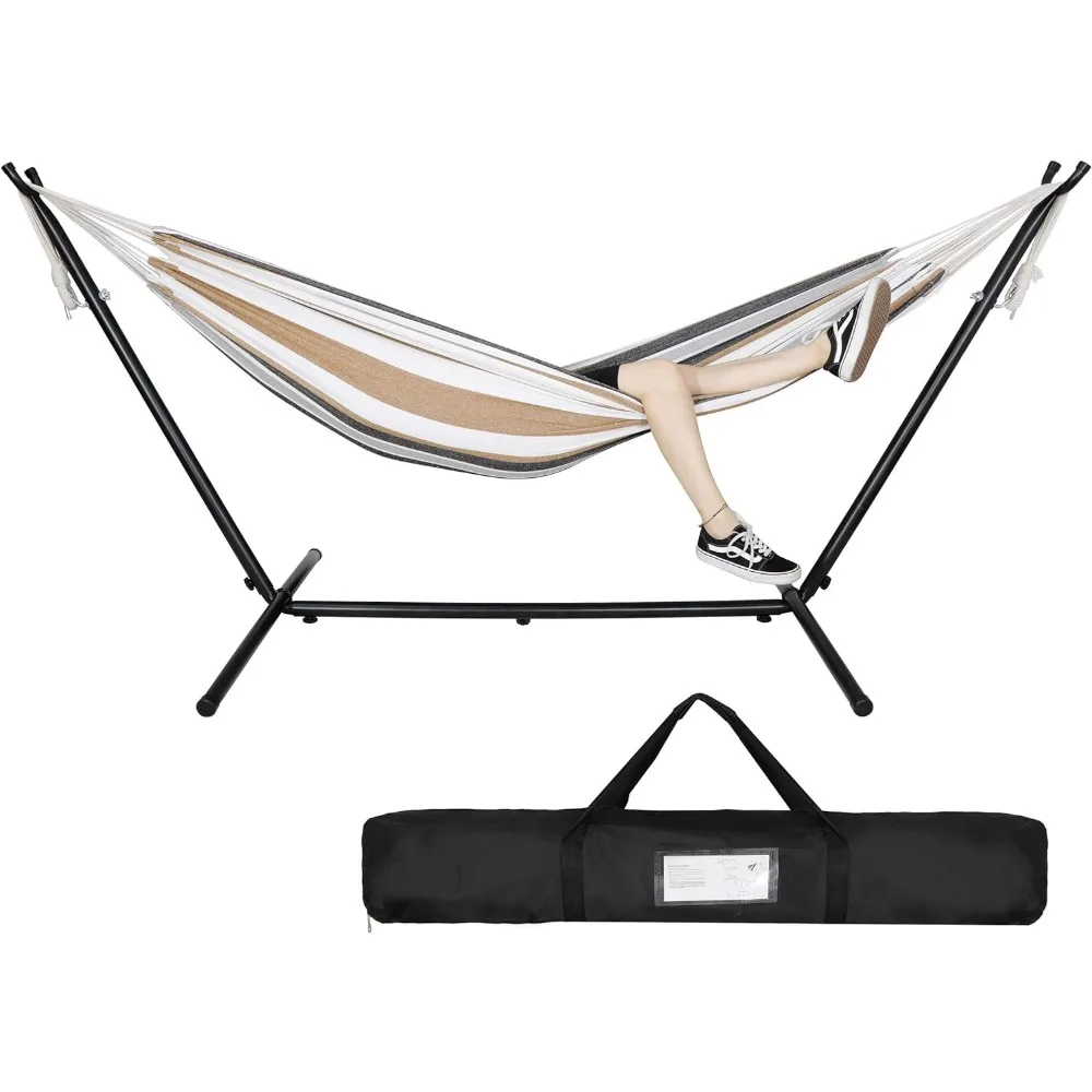 Double Hammock with 9FT Space Saving Steel Stand Set 620 lbs Capacity Portable 2 Person Adjustable Hammock Bed