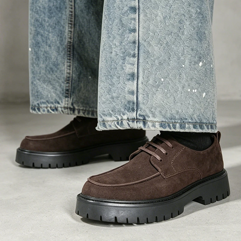 Vintage Men's Big Head Oxford Shoes Matte Suede Leather Platform Shoes Height Increasing Casual Work Shoes For Men Black Brown