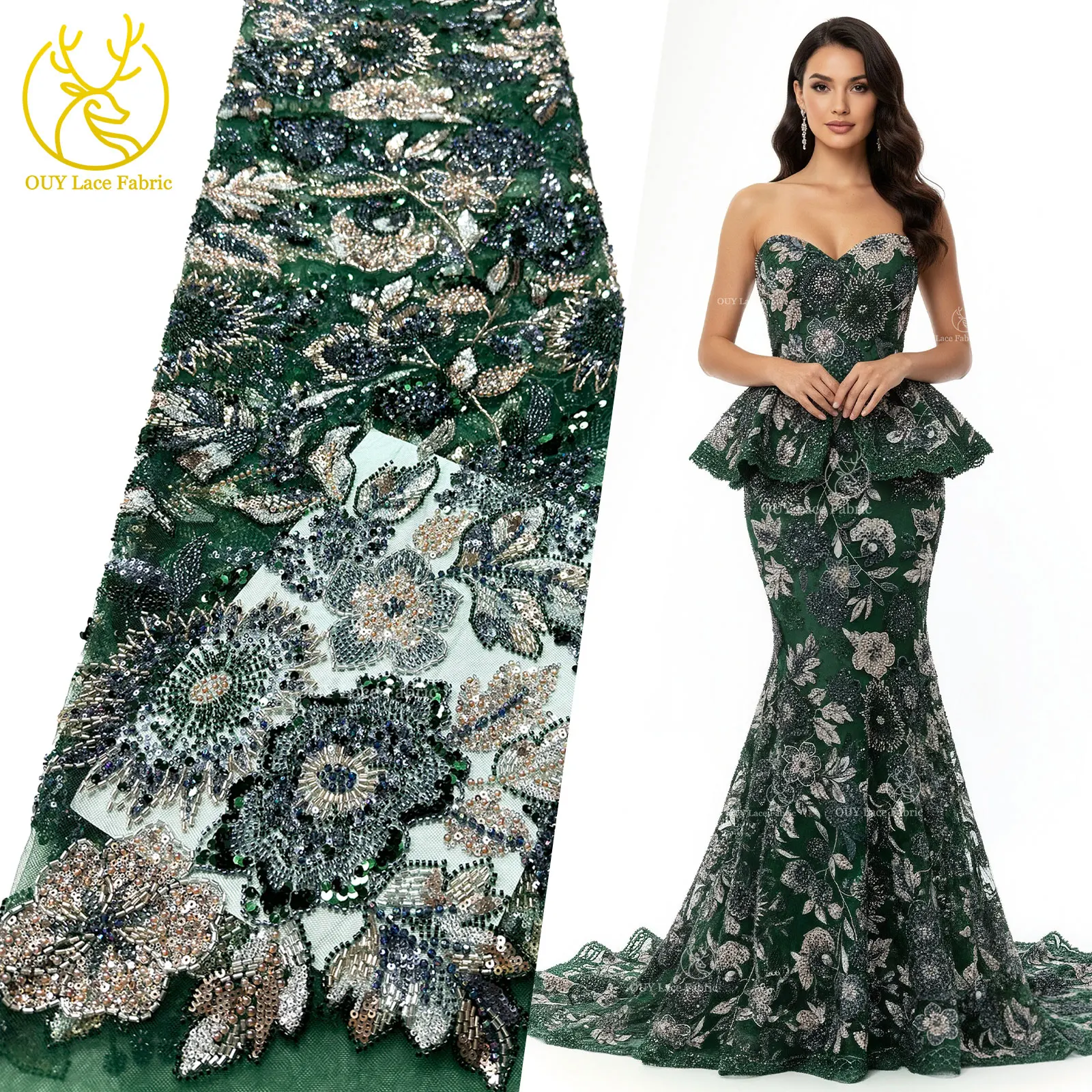 

Green Luxury Heavy Beaded Fabric 2026 High-Quality African Sequined Mesh Lace Fabric Suitable for Women's Wedding Parties