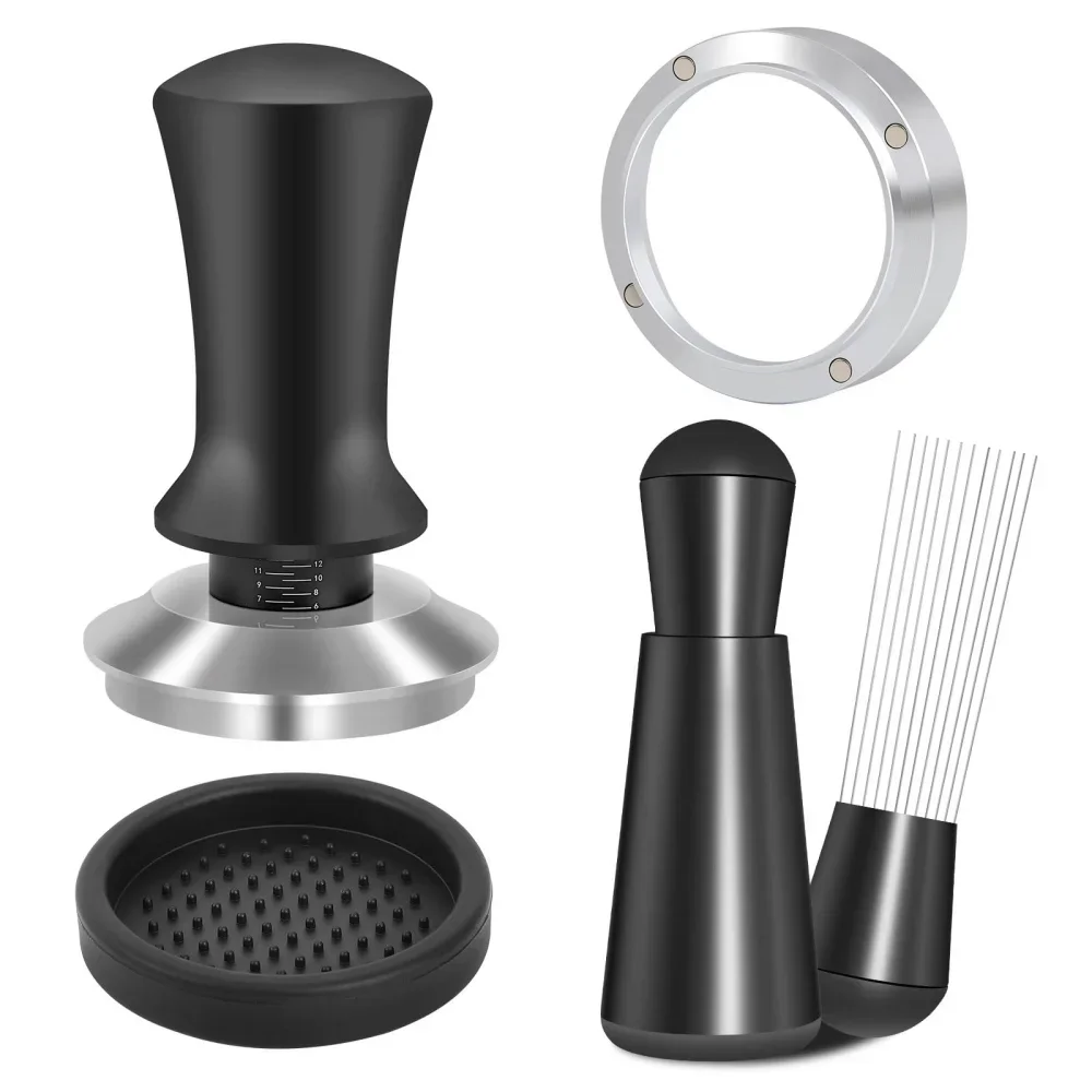 51/53/58mm Espresso Tool Set, 304 Thread Scale Powder Press, Powder Ring Cloth, Powder Needle, Small Round Pad, Coffee Utensil
