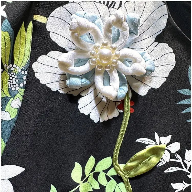 Vintage palácio impressão feminina mini vestido contas tridimensionais flores o pescoço vestido de manga curta elegante senhora vestidos formais