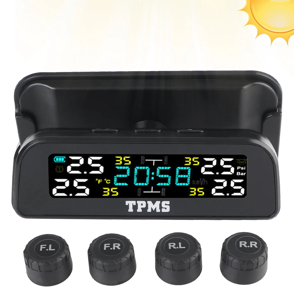 0-3.5Bar Digital Clock Car Tire Pressure Monitoring System Solar USB TPMS Rotating Holder T12 Temperature Warning Fuel Save