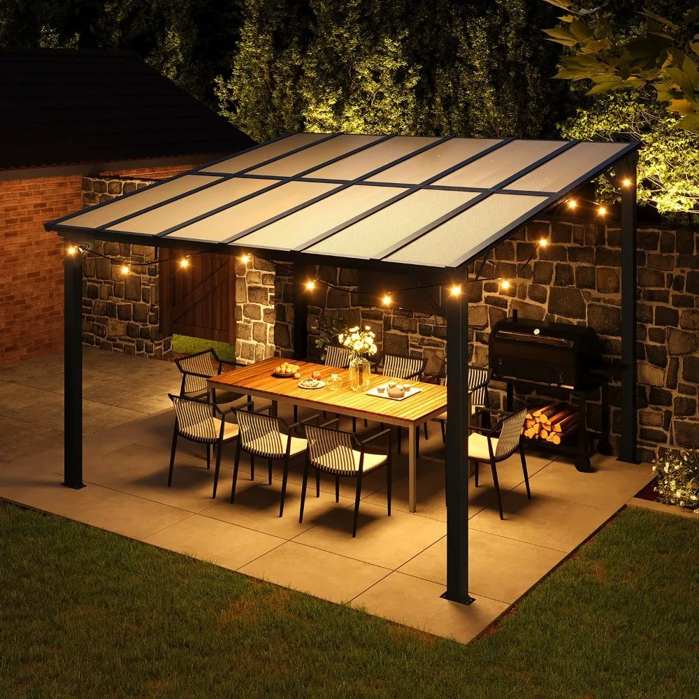 10' X 12' Gazebo for Patio, Gazebo Pergola with Sloped Roof, Large Wall-Mounted Heavy Duty Awnings