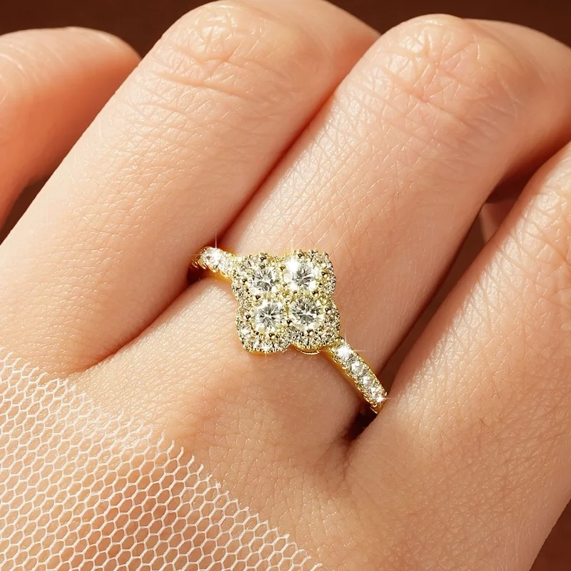 Rrjzz Vierblättriger Blumenring mit D-Farbe Moissanit, GRA-Zertifizierter Labor-Diamant-Ersatz, Kleeblatt-Ringe für Damen, Schmuckgeschenke – Detail 12