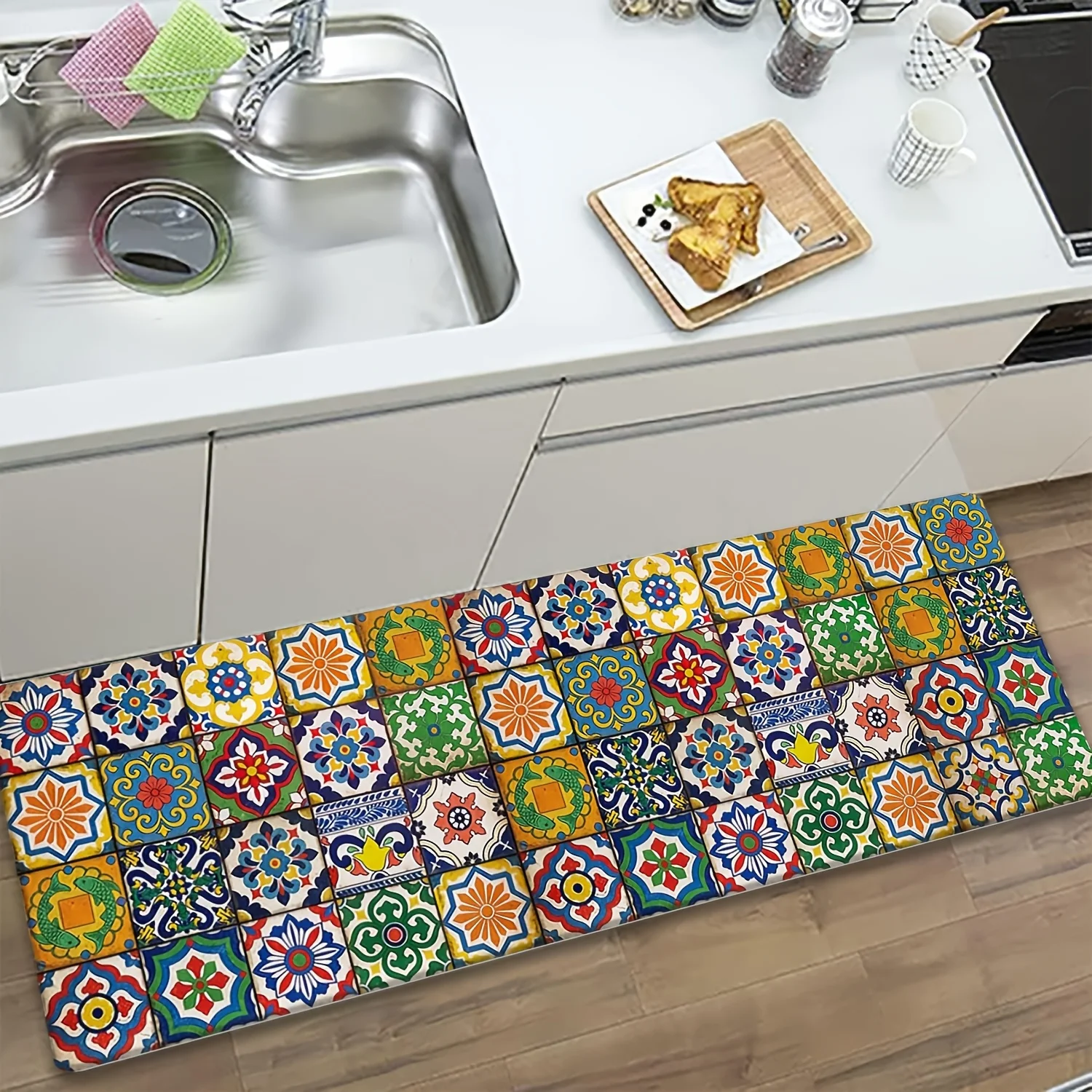 Modern Rainbow Mosaic Tile Runner Rug Vintage Crack Texture Multi Tone Square Block Abstract Printed Long Floor Mat Corridor