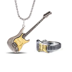 Music Guitar Necklace Ring Set Men Women Gothic Punk Rock Hip Hop Fashion Gifts Trendy Open Ring Jewelry Set