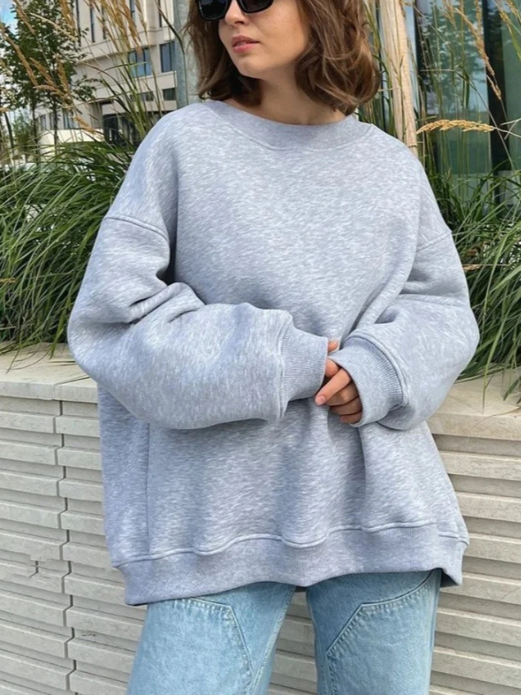 

Весна-осень, новинка, свободная уличная толстовка с круглым вырезом для женщин, повседневная спортивная однотонная теплая флисовая пуловерная одежда, топы