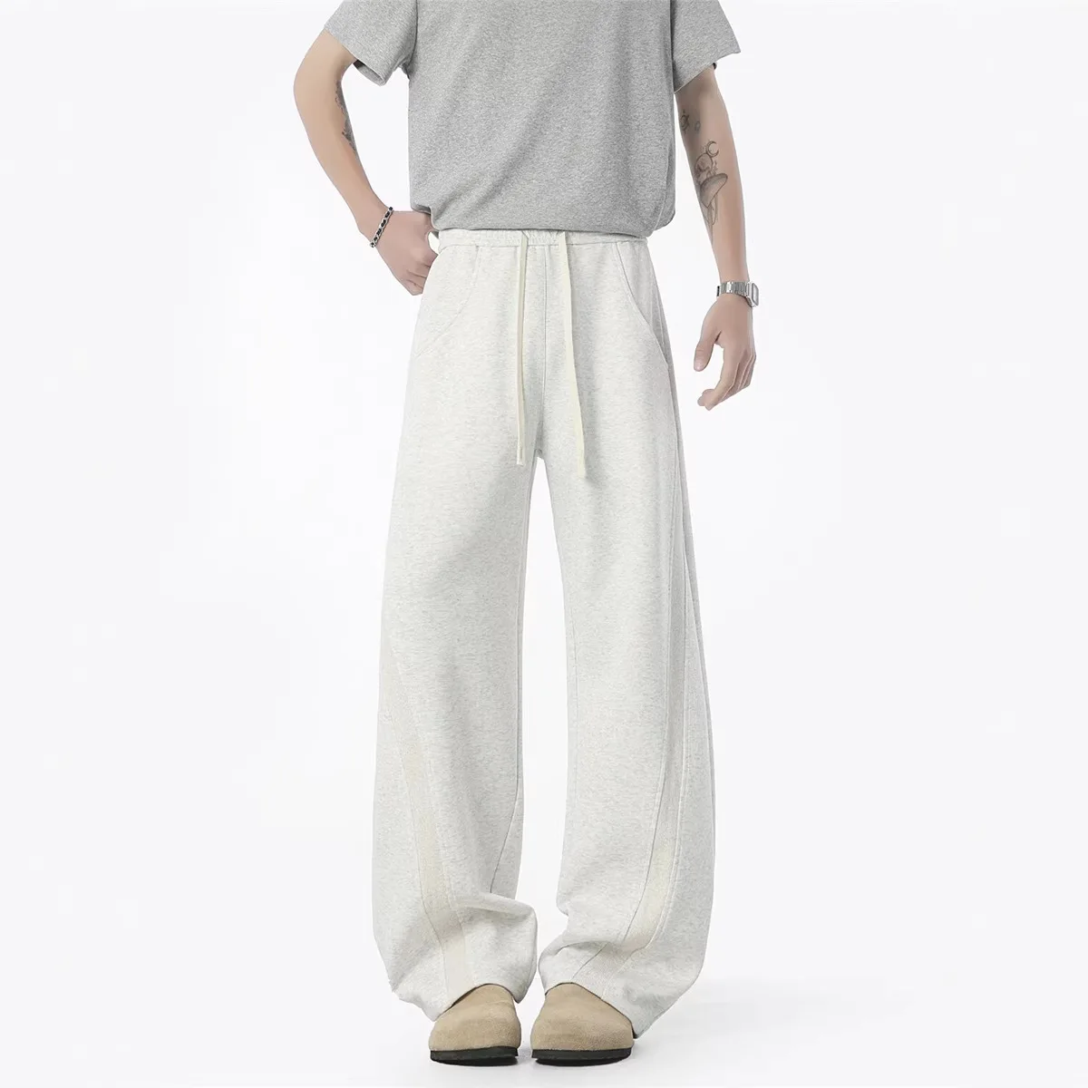 American Heavyweight Deconstructed Scimitar Sweatpants Unisex 2025 Summer Retro Solid Color Wide-Leg Couple Sports Long Pants