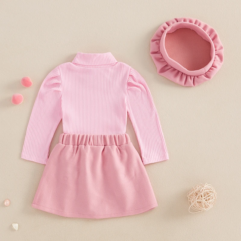 Kids Girl 3 Piece Outfit Solid Color Long Sleeves Tops and Button Elastic Skirt Beret Hat Set Cute Fall Clothes