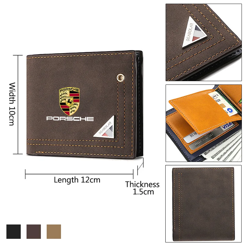 Frosted Leather Car Logos Wallet Coin Pocket Photo Card Men Purses For Porsche Cayenne Panamera Macan 911 718 918 Taycan Boxster