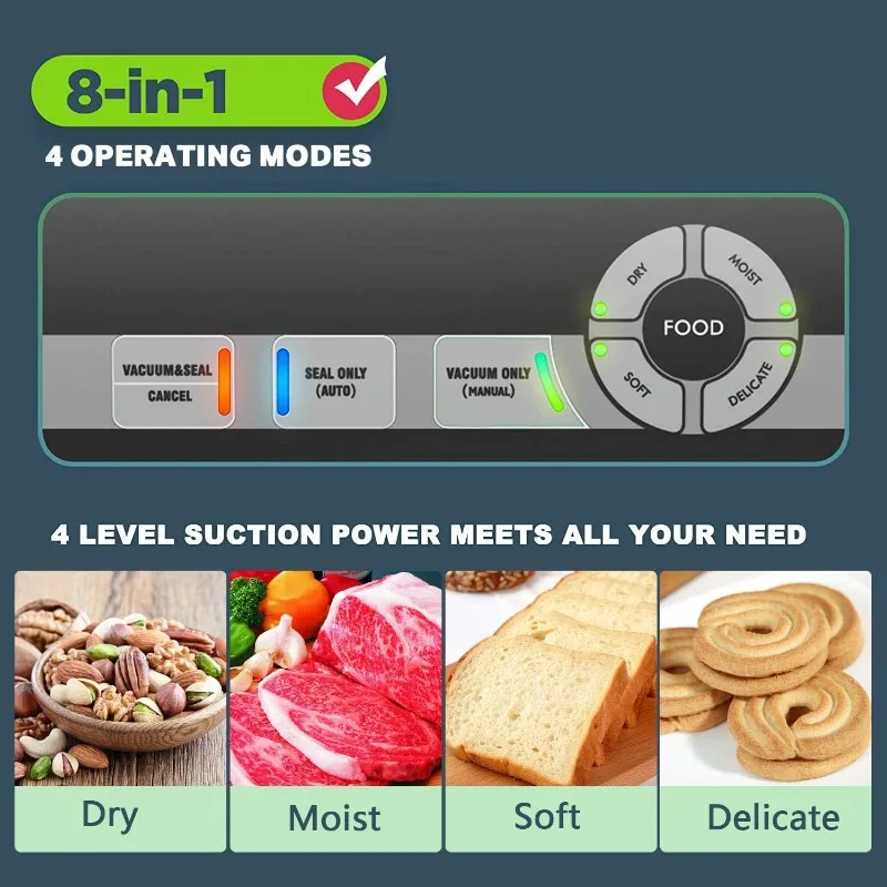 POTANE-máquina de sellado al vacío de precisión, sellador de alimentos al vacío profesional potente, preajustes fáciles 8 en 1, 4 modos de comida