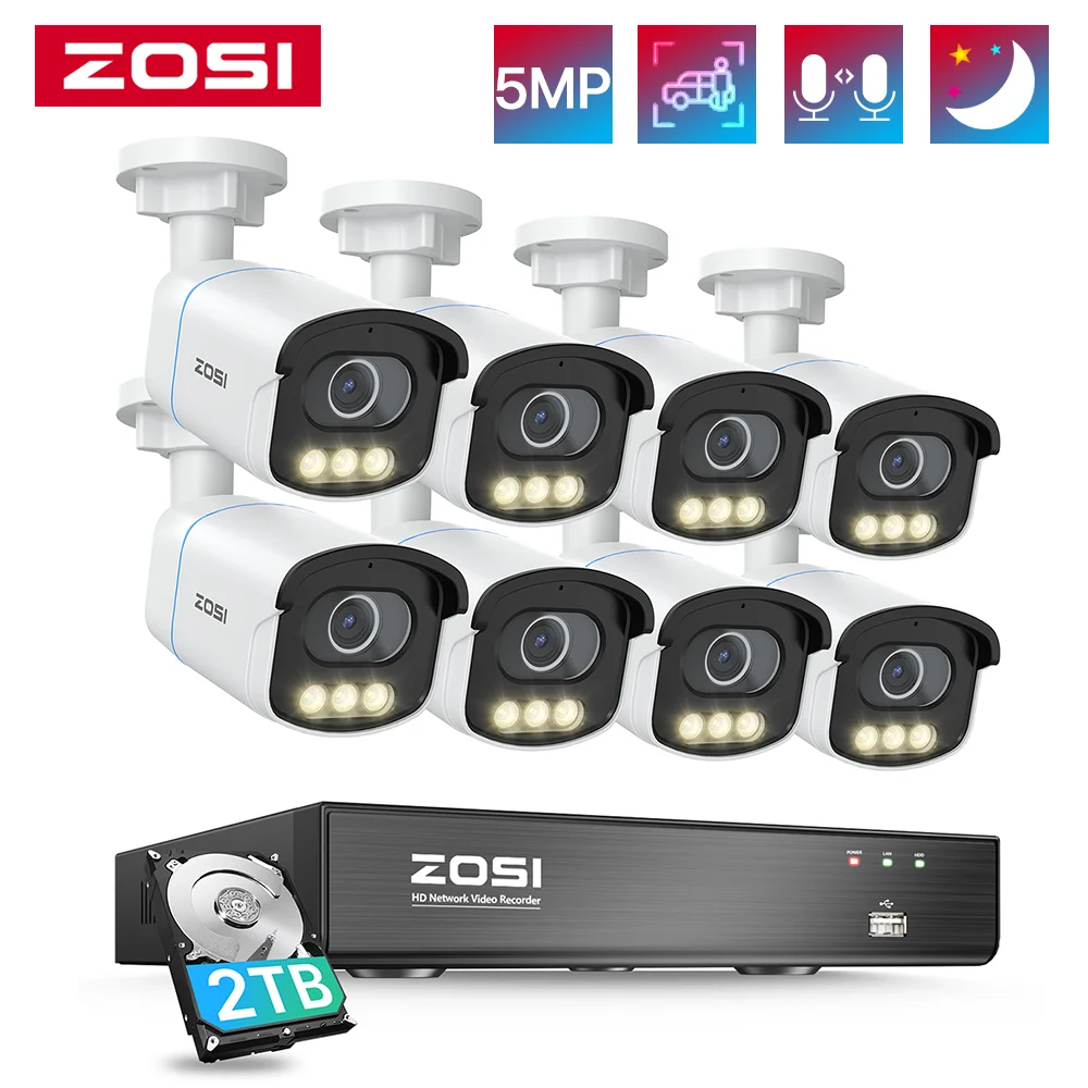 ZOSI 8CH 5MP POE CCTV 보안 카메라 시스템, 홈 비디오 감시 NVR 키트, 트루 컬러 야간 투시경, 야외 IP 카메라 세트 