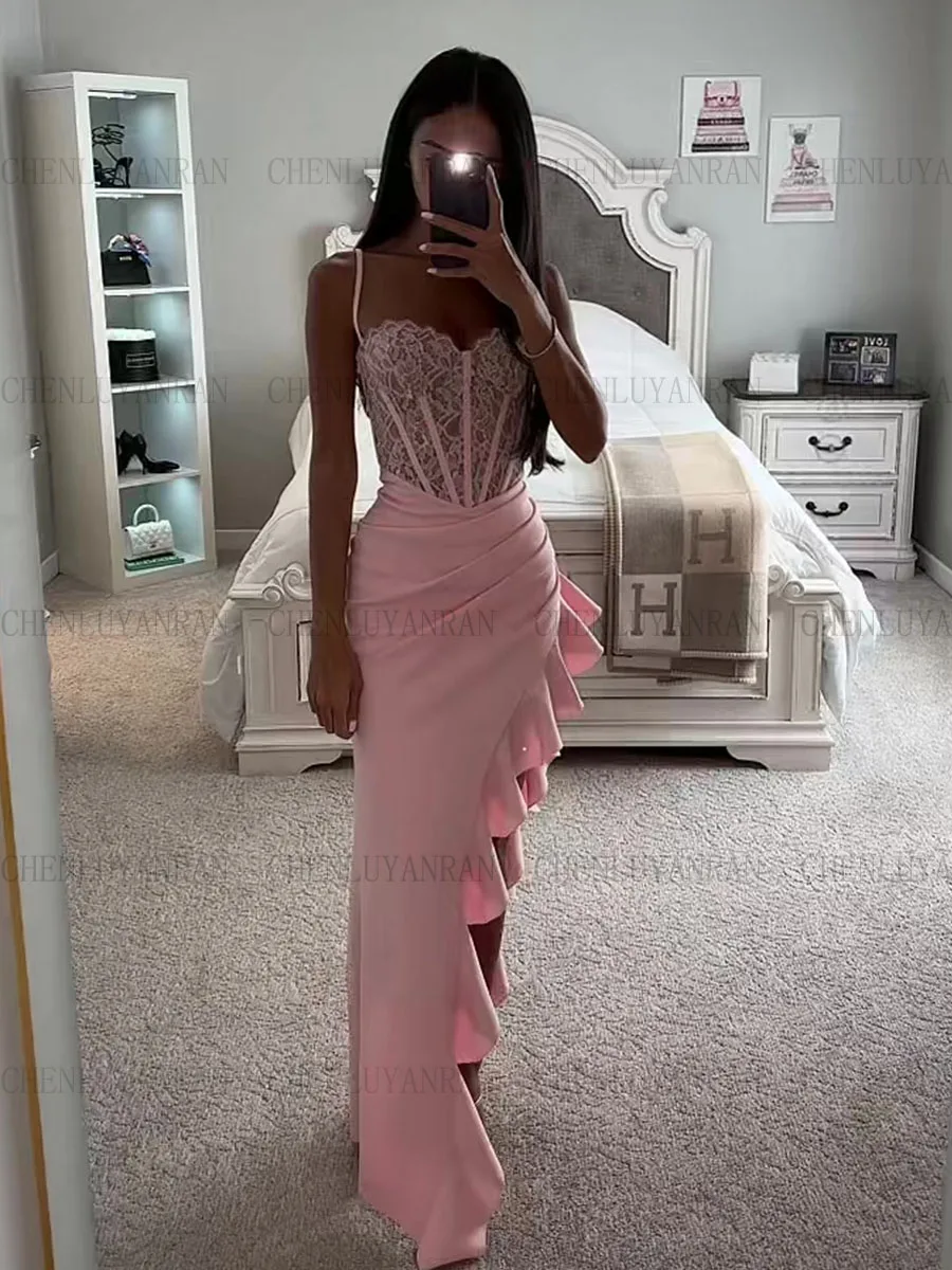 

Lace Sweetheart Formal Occasion Dresses 2023 Satin Slit Sexy Party Dress Spaghetti Strap Pink Evening Gowns فساتين السهرة