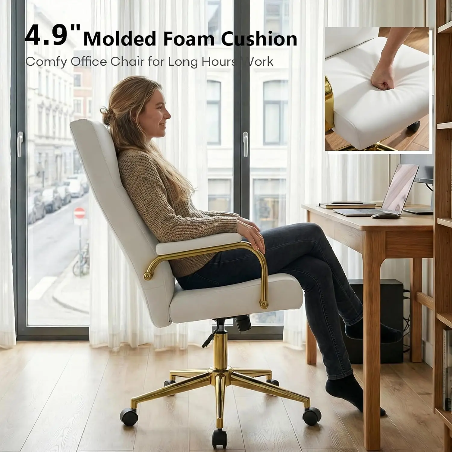 White & Gold Office Chair Memory Foam Seat Computer Desk Chair, Customized