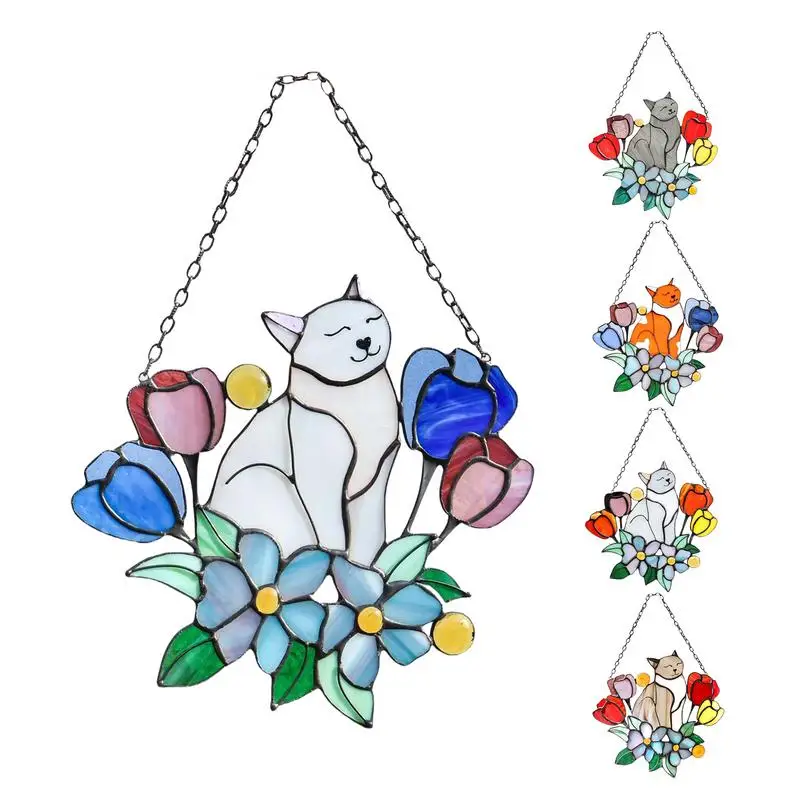 

Cat Suncatchers Acrylic Cat On Flowers Stained Window Hang Suncatchers Cat Sun Catchers Decor For Women Men Hang Ornaments