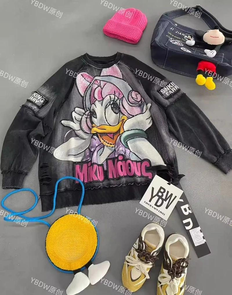 2025 Autumn Winter New Heavy Industry Loose Casual Hoodies Fashion Washing Cartoon Medium And Long Crew Neck Fashion Sweatshirts