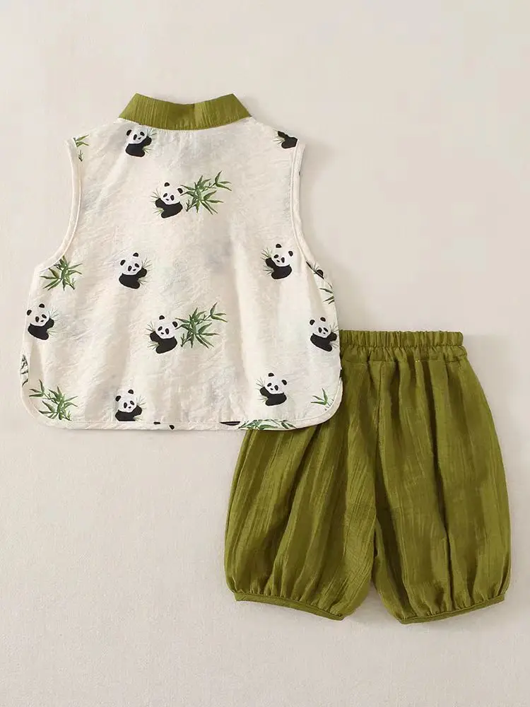 Two piece children clothing summer boys and girls 2024 fashion casual print panda sleeveless polo shirt T-shirt top+shorts set