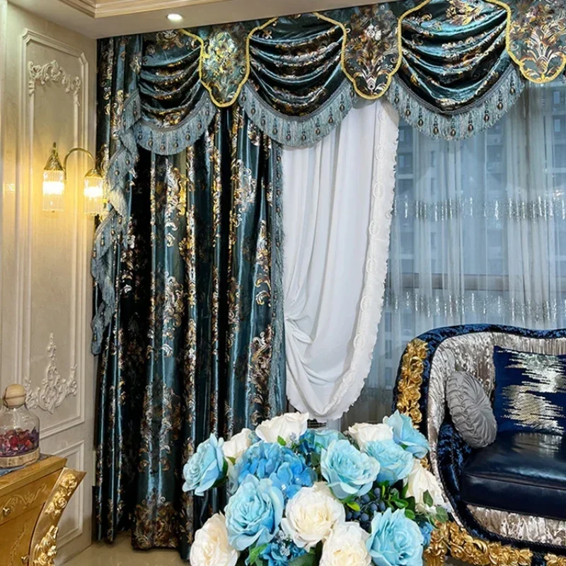 Private Customization Luxury Baroque Blue Velvet Curtains for Living Room Bedroom Embroidered Tulle Valance Decor Villa