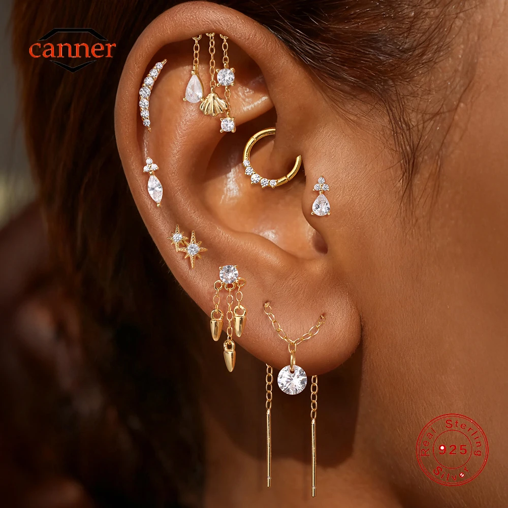 

CANNER 1PC 925 Sterling Silver Geometric Tassel CZ Flat Head Puncture Earring For Women Ins Classic Eight-pointed Star Earring