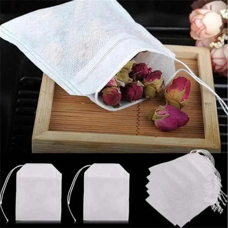 100Pcs Empty Drawstring Tea Bags Disposable Filter Pouches Loose Leaf Herbal Tea Spice Scented Tea Household Brewing Accessories