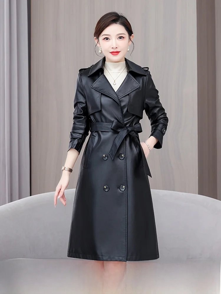 

Женская кожаная куртка Ning из натуральной кожи, средней длины, весна-осень 2025, новая, высококачественная, кожаная ветровка с поясом, приталенная, ee...