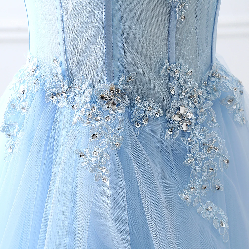 LZPOVE Light Blue Evening Dresses Long Sweetheart A-Line Long Tulle Lace Applique Beading Women Formal Party Gowns