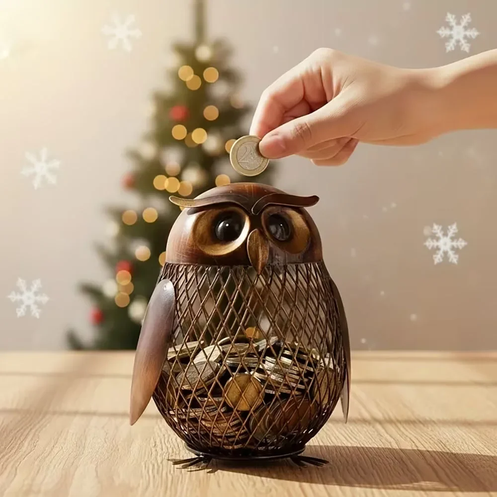 1pc Owl Animal Shaped Coin Box Metal Home Decor Rustproof Handmade Metal Coin Jar Piggy Bank Birthday Christmas New Year Gift
