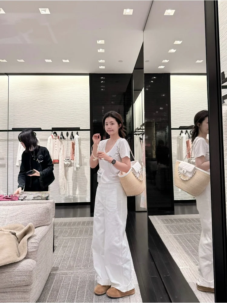 

PEACHZHOU Early Spring 26 Casual Loose Cotton Denim Pants with Bule Straight Leg Diagonal Stripe Double ket Leisure Trou...