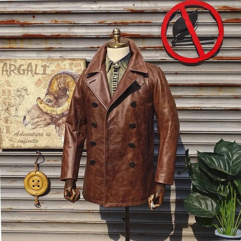 shipping.Classic YR!Free Navy 740 double breasted coat.Vintage brown cowhide jacket.quality men slim leather cloth