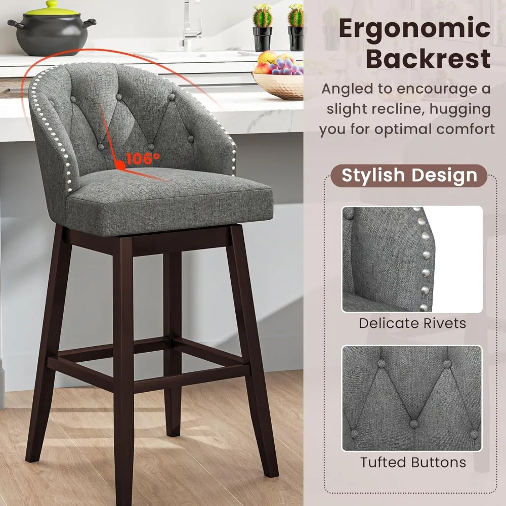 مجموعة مقاعد بار COSTWAY مكونة من 2، مقاعد بار دوارة مقاس 31 بوصة مع أرجل خشبية مطاطية وظهر مبطن، قماش كتان مسامي، معنقدة أنيقة