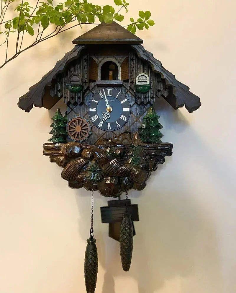 52CM Living Room Bedroom Villa Solid Wood Forest Log House Waterwheel Cuckoo Clock Wall Clocks Strong Brown Decoratio Home Decor