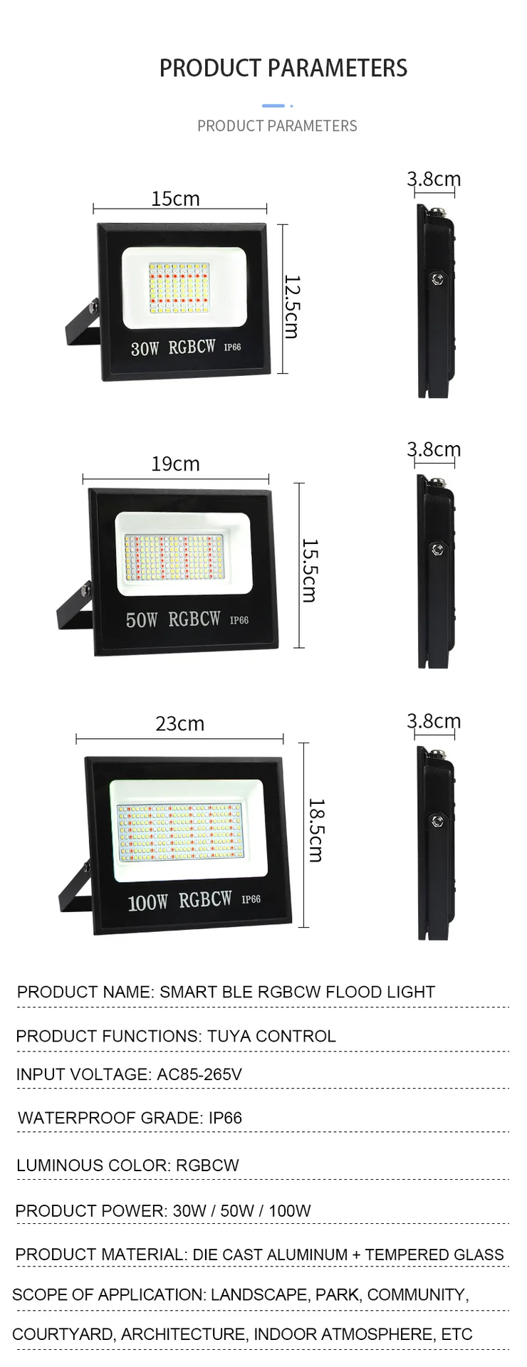 Lampu Sorot Warna RGBCW Bluetooth WiFi Grafiti dengan Remote Control Aplikasi Cerdas Tegangan Lebar dan Lampu Banjir LED Tujuh Warna