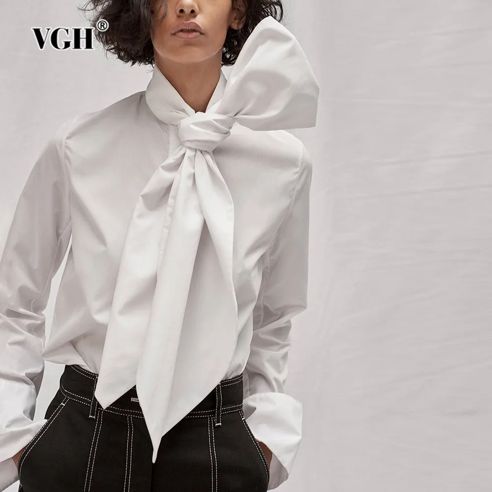 

VGH Solid Patchwork Bowknot Casual Shirt For Women Lapel Long Sleeve Patchwork Button Minimalist Loose Blouse Female Fashion New