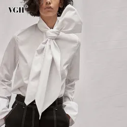 VGH Solid Patchwork Bowknot Casual Shirt For Women Lapel Long Sleeve Patchwork Button Minimalist Loose Blouse Female Fashion New