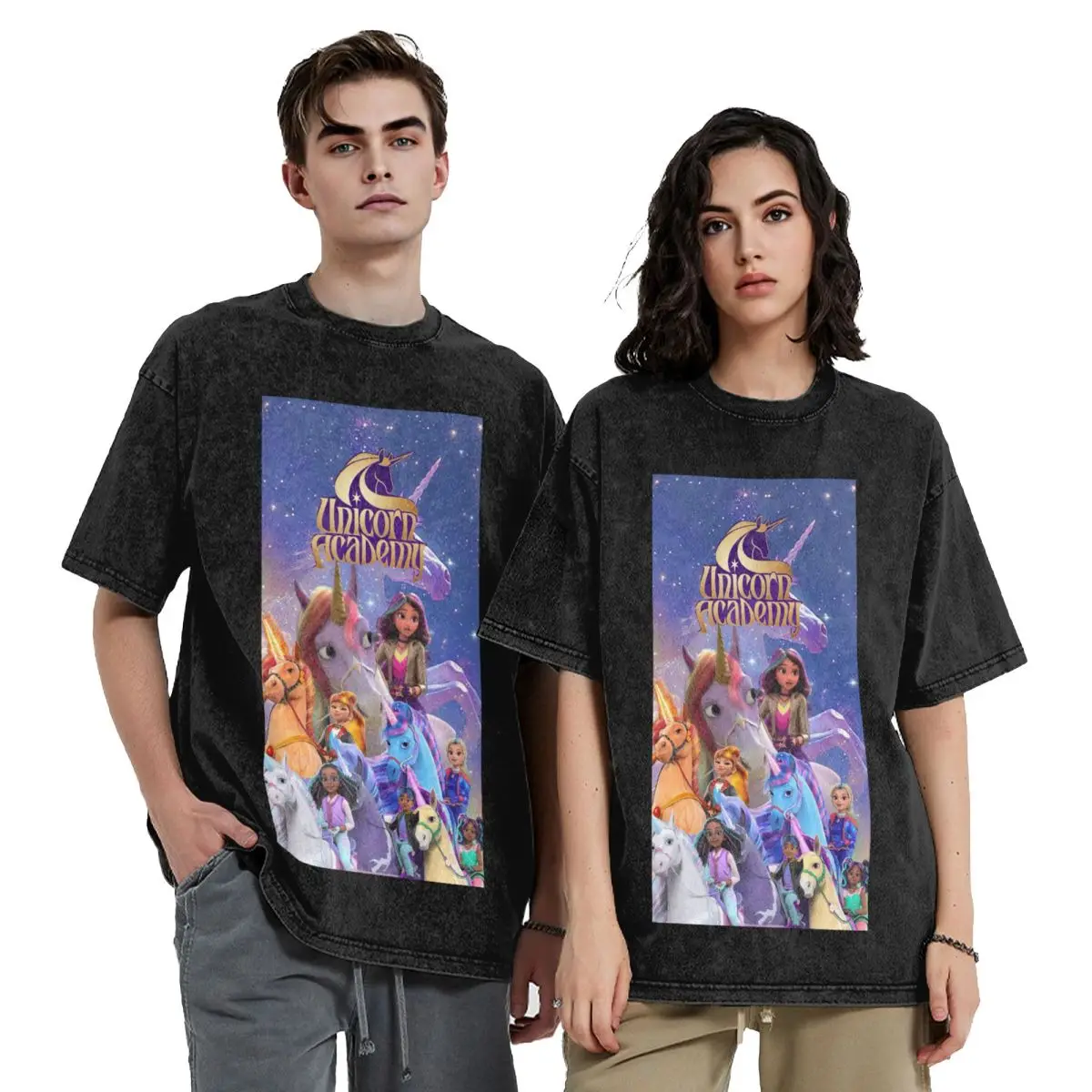 Unicorn Academy Hip Hop Short Sleeve T-Shirts Washed Tops Tees Streetwear T Shirt Cotton for Men woman