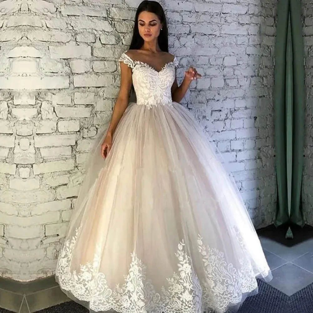 Vestido de noiva em linha A com apliques de renda, vestido princesa de baile, vestido de noiva longo, gola querida, luxo, novo