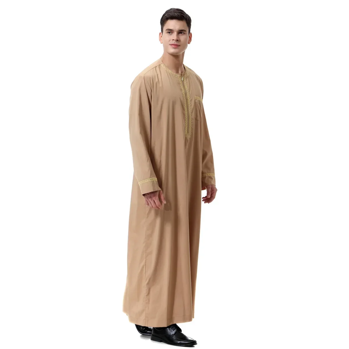 Lebaran 2025 Muslim pria Jubba Thobe cetak ritsleting Kimono jubah panjang Saudi Musulman pakaian Kaftan Islam Dubai Arab berpakaian Ramadan