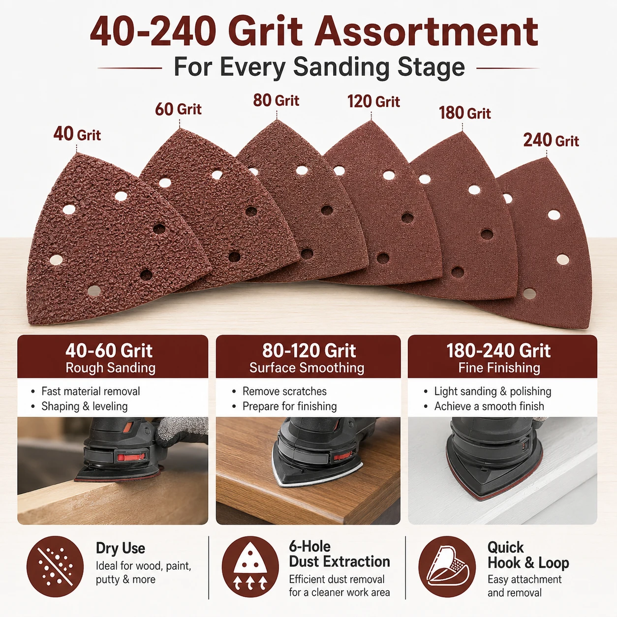 10/50Pcs 40-240 Grit Triangle Sanding Sheets, 6-Hole Dust Extraction Design for Mouse Sander, Wood Metal Car Paint Sanding