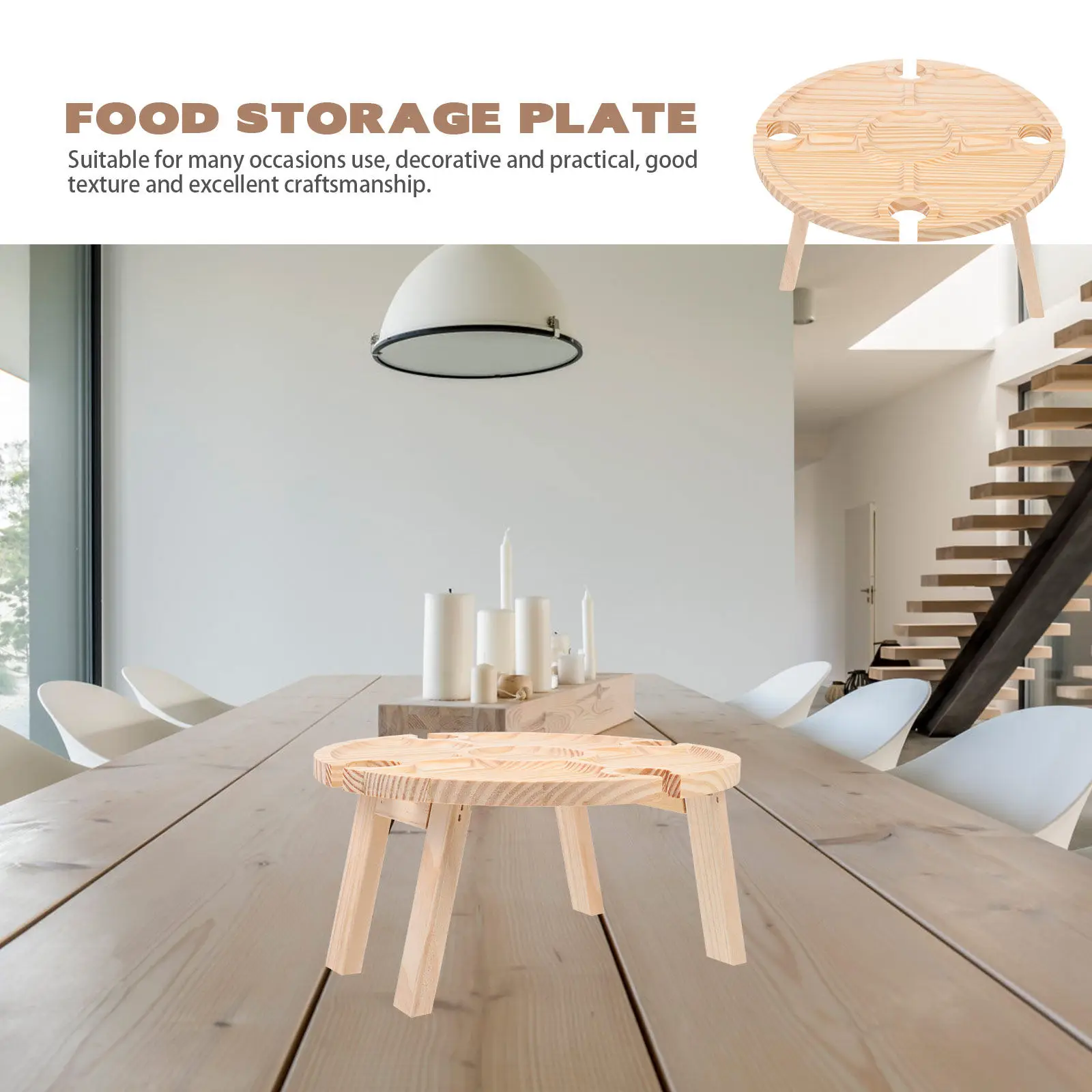 1Pcs Portable Round Wood Outdoor Picnic Table Snack Storage Compact Home Wine Glasses Food Serving Table Stable Lightweight