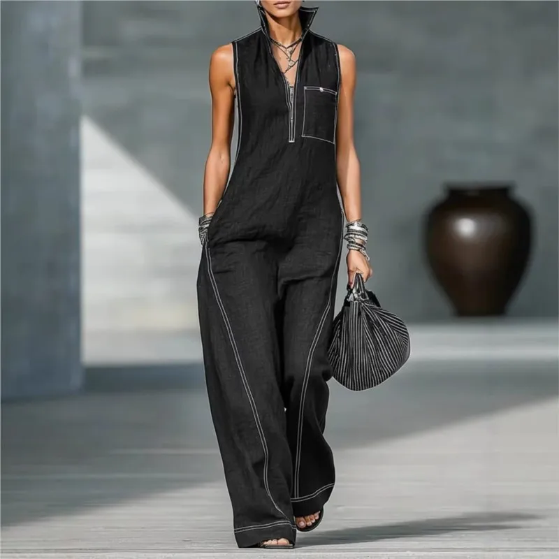 

Elegant High Street Linen Cotton Sleeveless Jumpsuit Stand Collar Half Zip Wide Leg Contrast Stitching Casual Fashion Overalls