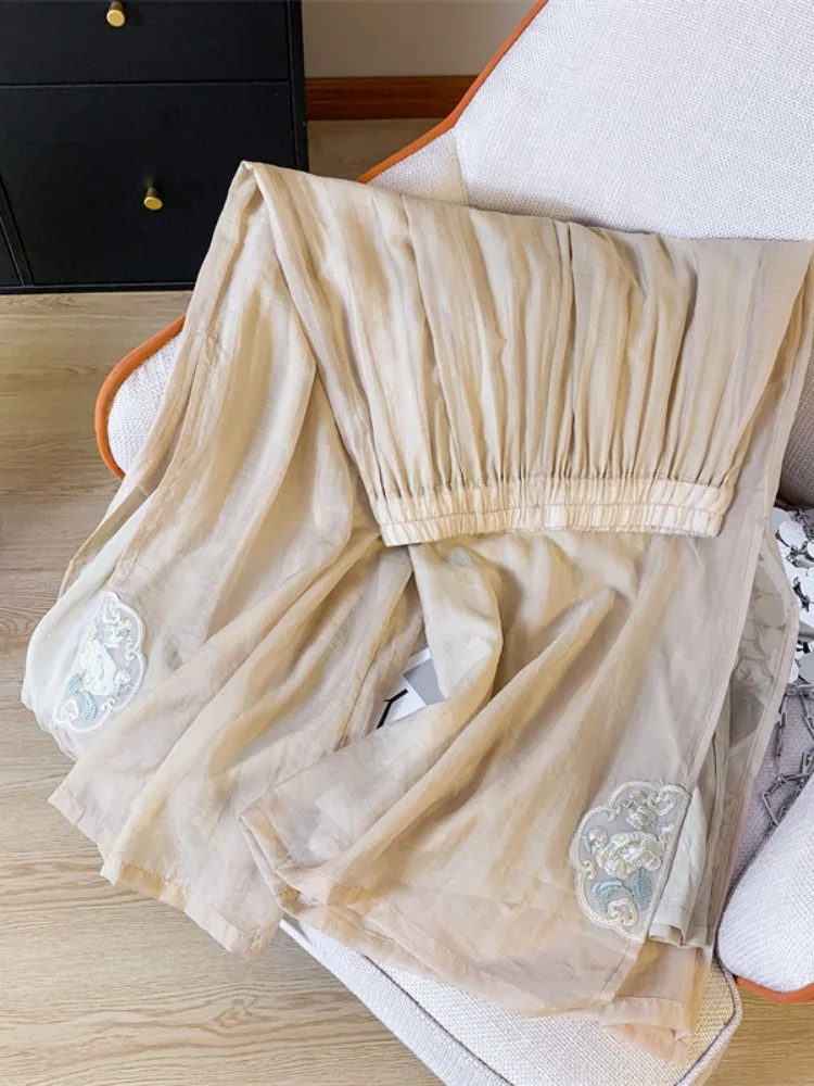 Ele High-Waist Embroidered Double-Layer Lyocell Cotton Linen Wide Leg Pants Women Summer Thin Hanging Fairy Split Nine-Pi...