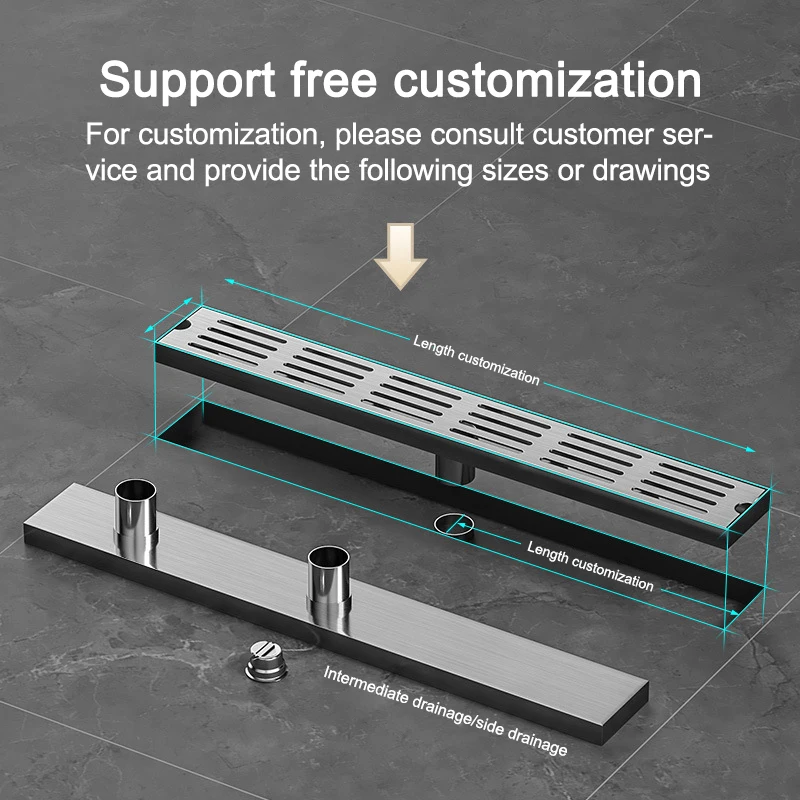 Scarico a pavimento in acciaio inossidabile 20-120cm scarico doccia antiodore drenaggio di grande cilindrata per bagno wc balcone 8cm di larghezza