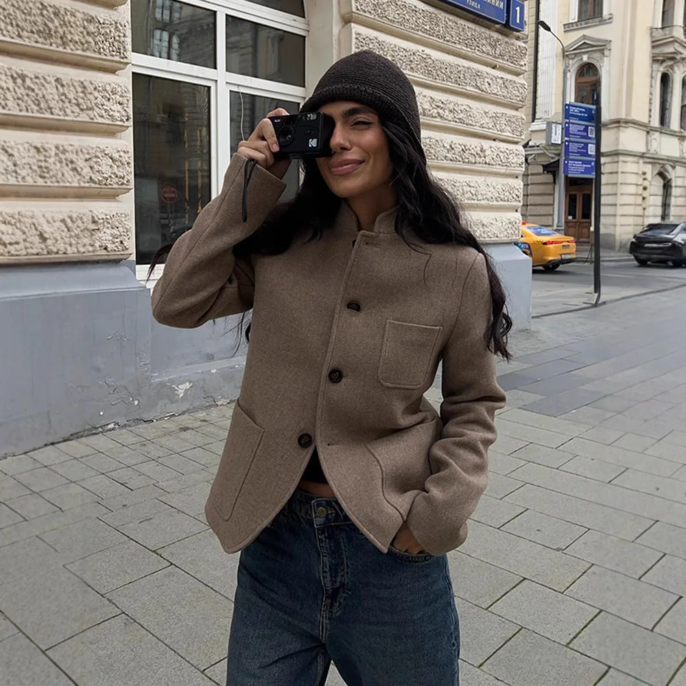 

Elegant Pure Color New Chinese Style Short Woolen Jacket Women's Stand Collar Autumn Winter Fashion Wholesale